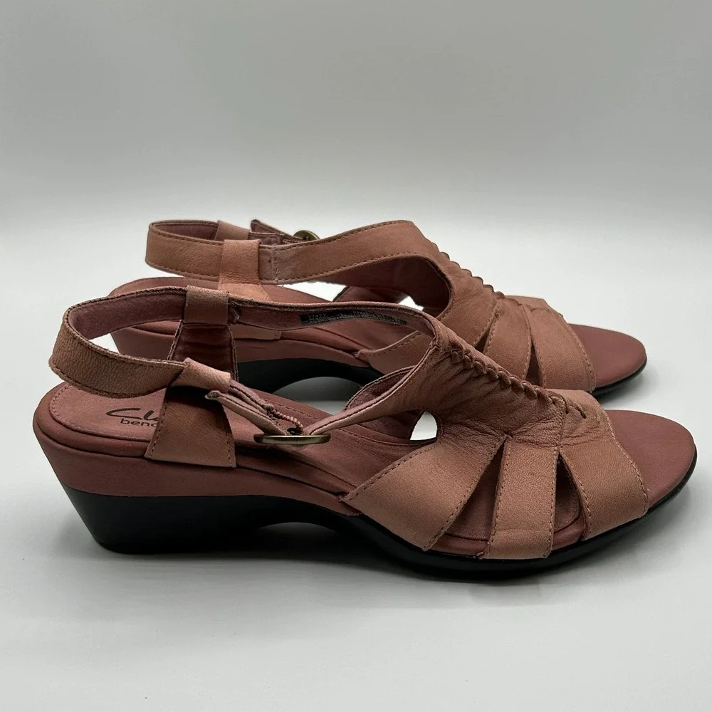 Clarks Bendables Dusty Rose Leather Ruched Wedge Slingback Sandals 9M Minimalist